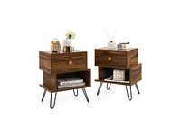 Slickblue Set of 2 2-Tier Irregular Wooden Nightstands with Elevated Metal Feet-Walnut