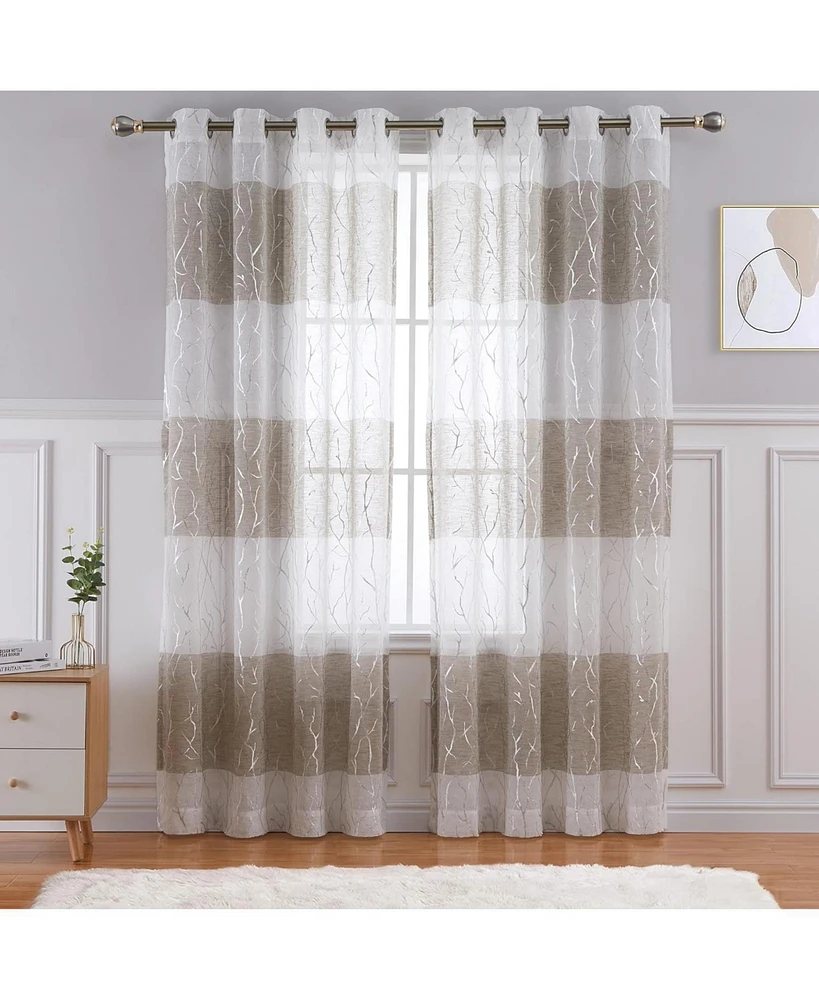 Caromio Branches Silver Foil Stripe Grommet Sheer Window Curtain Panels
