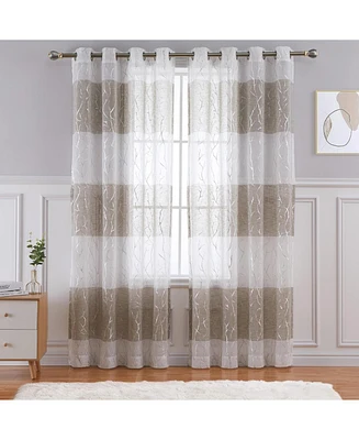 Caromio Branches Silver Foil Stripe Grommet Sheer Window Curtain Panels