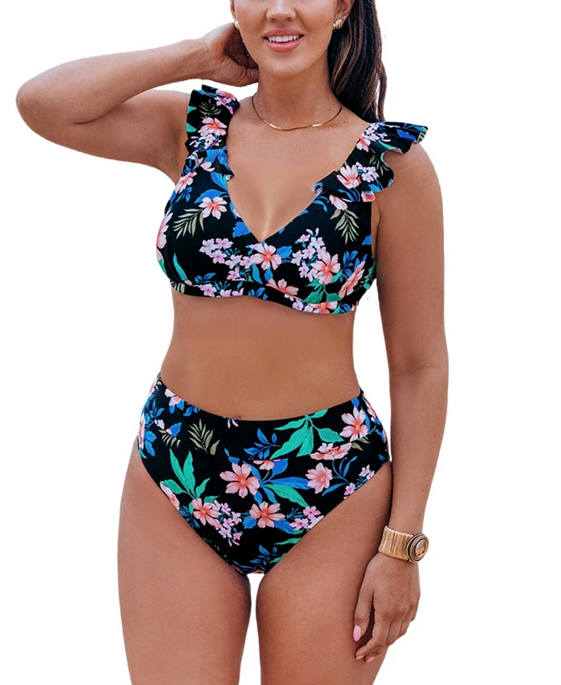 Cupshe Women's Floral Print Bikini Top & High-Rise Bottoms Set for Large Bust