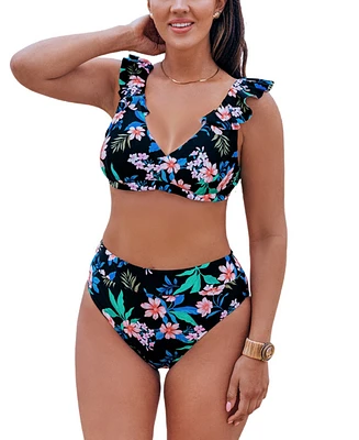 Cupshe Women's Floral Print Bikini Top & High-Rise Bottoms Set for Large Bust