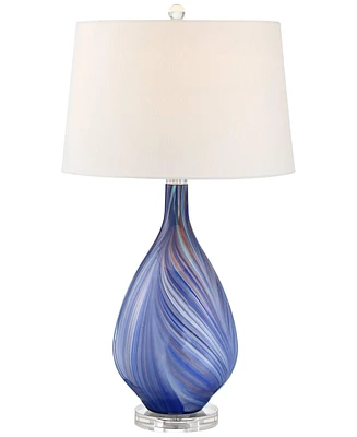 Possini Euro Design Taylor Modern Table Lamp 29" Tall with Table Top Dimmer Blue Art Glass White Fabric Tapered Drum Shade for Bedroom Living Room Hou