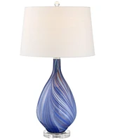 Possini Euro Design Taylor Modern Table Lamp 29" Tall with Table Top Dimmer Blue Art Glass White Fabric Tapered Drum Shade for Bedroom Living Room Hou