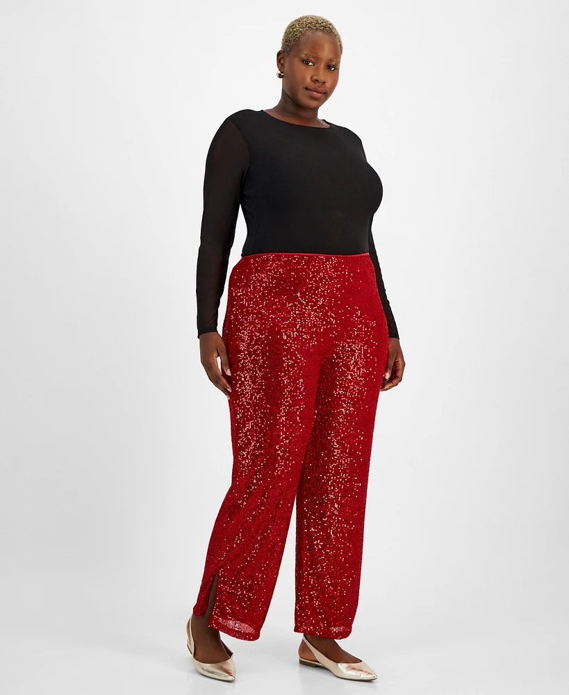 Jm Collection Plus Sequin Wide-Leg Split-Hem Pants, Created for Macy's