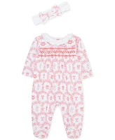 Little Me Baby Girls Festive Cotton Toile Footed Coverall & Headband Set