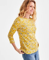 Style & Co Petite Cotton Floral-Print 3/4-Sleeve Top, Created for Macy's