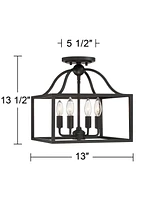 Franklin Iron Works Elle Farmhouse Rustic Close To Ceiling Light Semi-Flush Mount Fixture Black 13" Wide 4-Light Open Square Cage for House Bedroom Ha