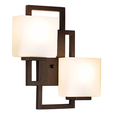 Possini Euro Design Lighting on the Square Modern Wall Light Sconce Bronze Hardwired 13 3/4" Wide 2-Light Fixture Opal Glass Shade for Bedroom Bathroo