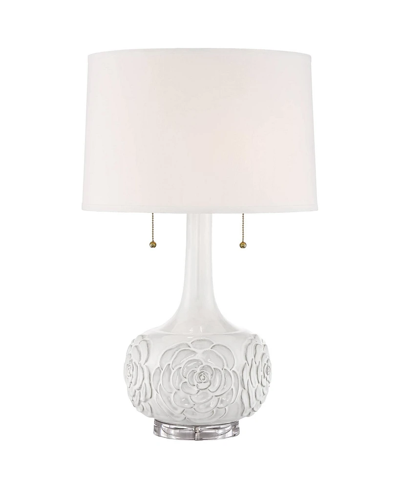 Possini Euro Design Natalia Modern Table Lamp 27" Tall with Table Top Dimmer White Glaze Floral Ceramic Fabric Drum Shade for Bedroom Living Room Hous