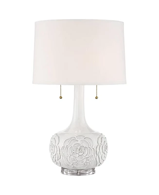 Possini Euro Design Natalia Modern Table Lamp 27" Tall with Table Top Dimmer White Glaze Floral Ceramic Fabric Drum Shade for Bedroom Living Room Hous