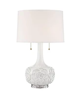 Possini Euro Design Natalia Modern Table Lamp 27" Tall with Table Top Dimmer White Glaze Floral Ceramic Fabric Drum Shade for Bedroom Living Room Hous