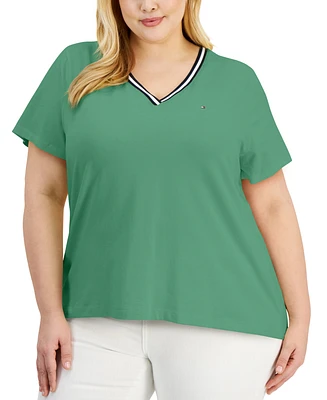 Tommy Hilfiger Plus Size Contrast Trim V-Neck Top