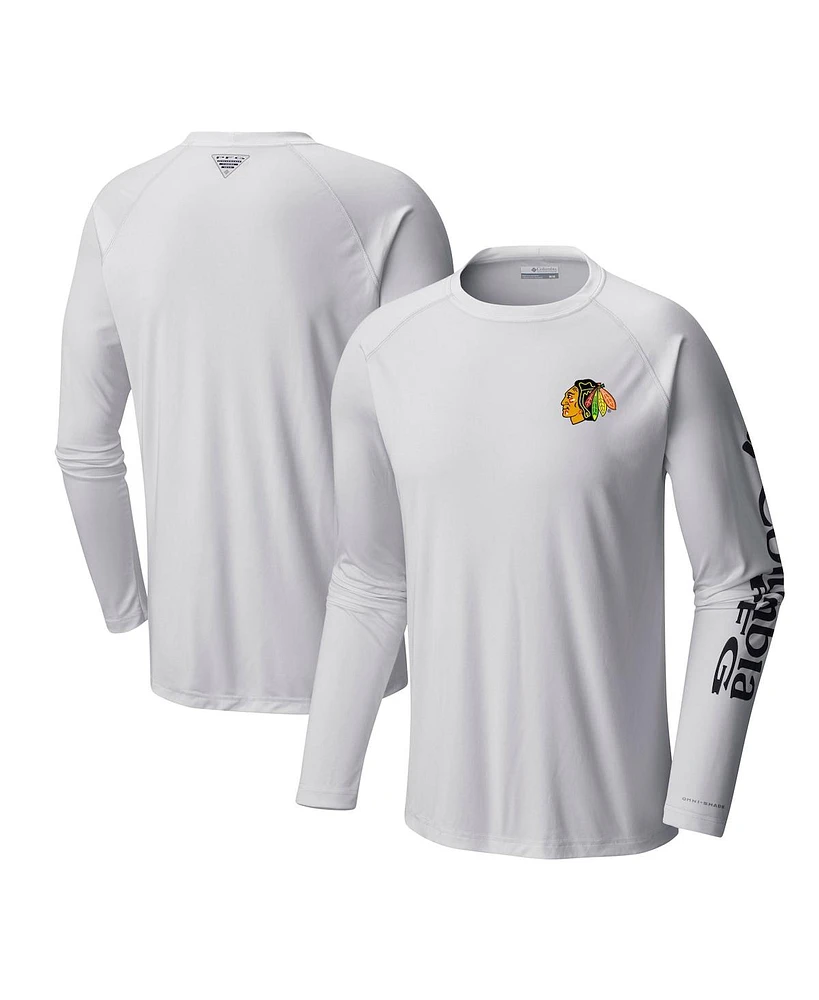 Columbia Men's White Chicago Blackhawks Terminal Tackle Omni-Shade Raglan Long Sleeve T-Shirt