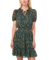 CeCe Women's Floral Short-Sleeve Tie-Neck Ruffled Dress