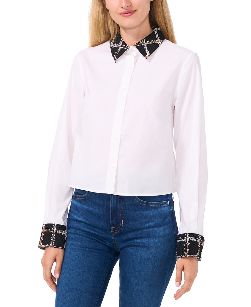 CeCe Women's Tweed-Trim Button-Front Mixed-Media Blouse