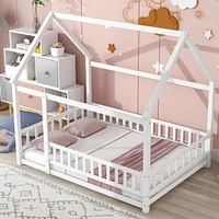 Streamdale Furniture Full Size Floor Wooden Bed with House Roof Frame, Fence Guardrails, White