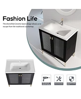 Simplie Fun 32Inch Freestanding Bathroom Vanity Plywood With Ceramic Sink, Soft Closing Door