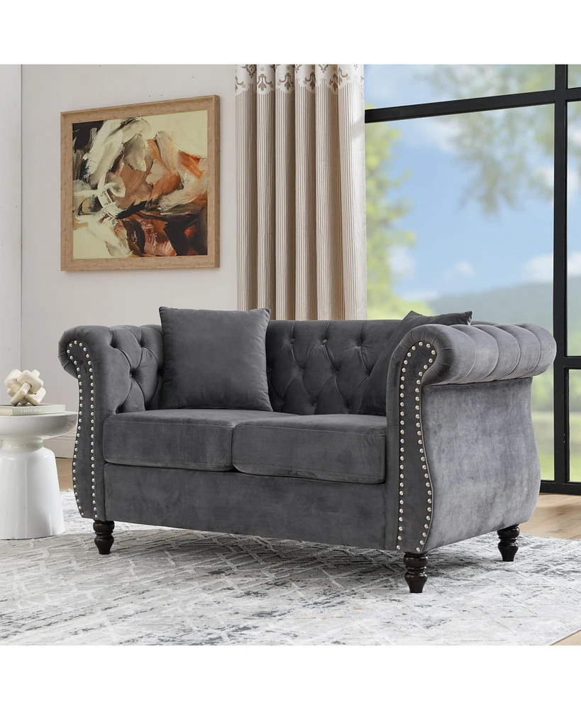 Simplie Fun Classic Chesterfield Sofa 2-Seater with Nailhead Trim and Velvet Fabric