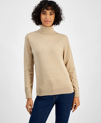 Tommy Hilfiger Women's Cotton Solid Button Cuff Turtleneck Sweater