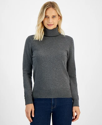 Tommy Hilfiger Women's Cotton Solid Button Cuff Turtleneck Sweater