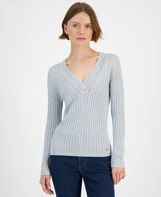 Tommy Hilfiger Women's Metallic Ribbed V-Neck Sweater