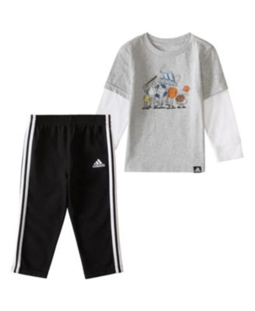 adidas Baby Boys Two-Piece Heather Layered Cotton Tee Pant Set