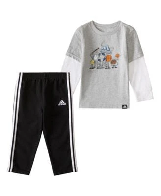 adidas Baby Boys Two-Piece Heather Layered Cotton Tee Pant Set