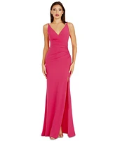 Dress the Population Women's Jordan V-Neck Asymmetrical Ruched Bodycon Maxi