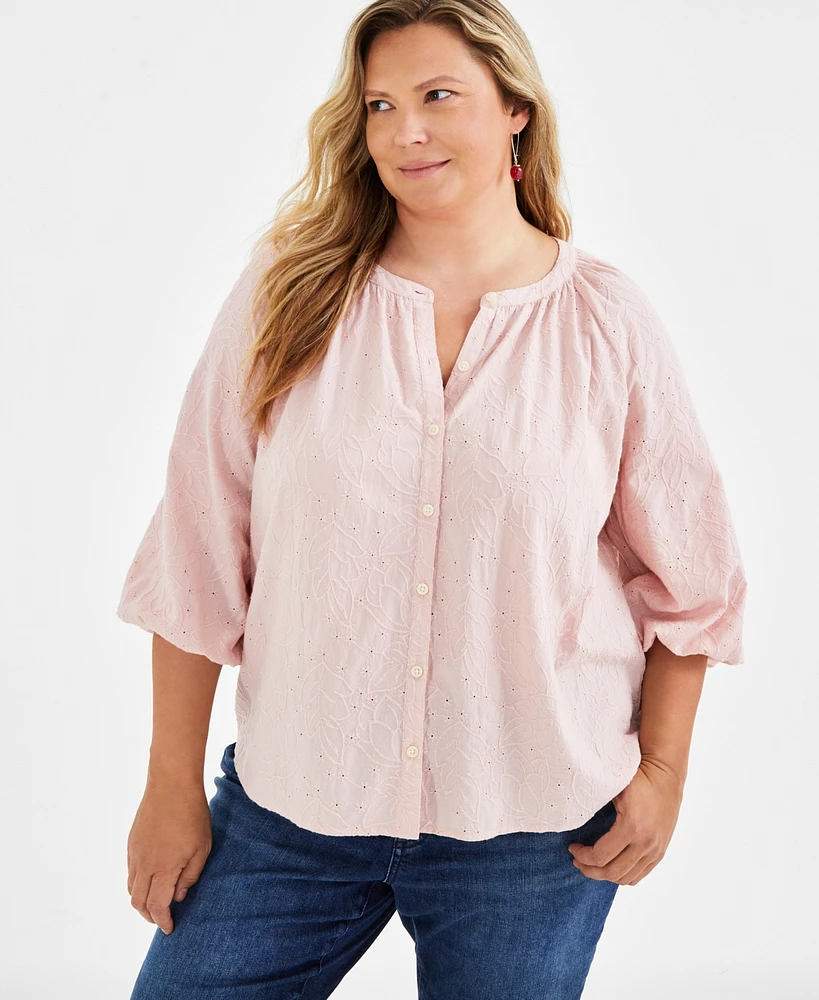 Style & Co Plus Embroidered Popover Blouse, Created for Macy's