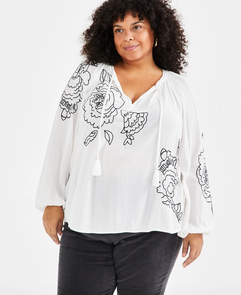 Style & Co Plus Floral-Embroidered Popover Blouse, Created for Macy's