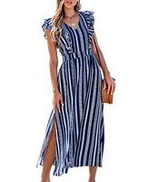 Cupshe Women's Blue Boho Striped Ruffled V-Neck Maxi Beach Dress