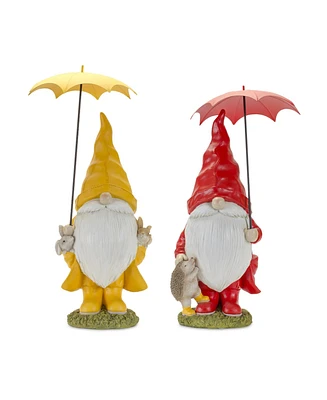 Slickblue Garden Gnome With Umbrella And Woodland Animals Statue (Set of 2)