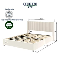 Streamdale Furniture Anna Queen Size Ivory Velvet Upholstered Wingback Platform Bed with Patented 4 Drawers Storage, Modern Design Headboard with Tigh