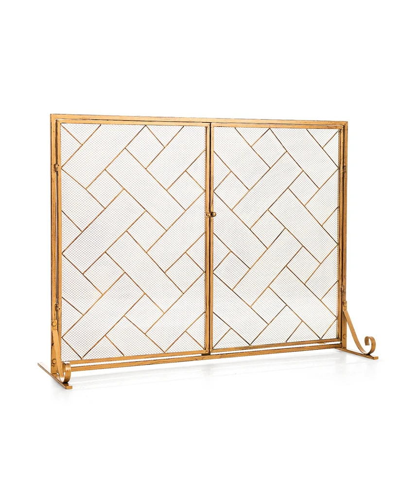 Slickblue 3-Panel Folding Wrought Iron Fireplace Screen with Doors and 4 Pieces Tools Set-Golden