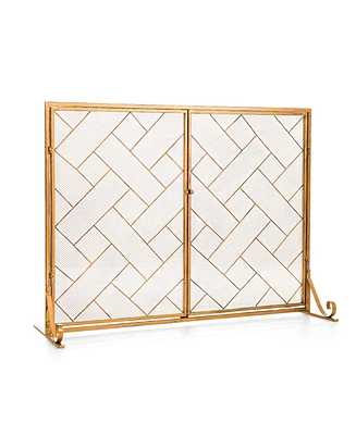 Slickblue 3-Panel Folding Wrought Iron Fireplace Screen with Doors and 4 Pieces Tools Set-Golden