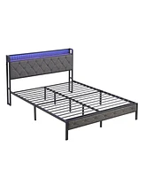 Mondawe Full Bed Frame with Storage Headboard with Charging Station and Led Lights, Upholstered Platform Bed with Heavy Metal Slats