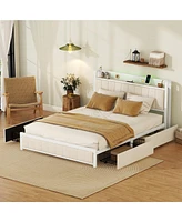 Streamdale Furniture Queen Bed Frame with Led Headboard, Upholstered Bed with 4 Storage Drawers and Usb Ports