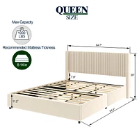 Streamdale Furniture Anna Patented 2-Drawer Storage Bed Queen Ivory Velvet Upholstered Wingback Platform Bed Modern Design Headboard with Tight Channe