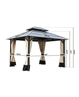 Mondawe 10 ftx12 ft Metal Hardtop Double Roof Patio Gazebo with Netting and Curtains