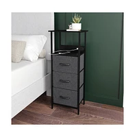 Emma+Oliver Hermes Nightstand With 3 Fabric Drawers, Charging Station 2 Usb Ports/Power Outlet, Engineered Wood Top, Handles, Metal Frame