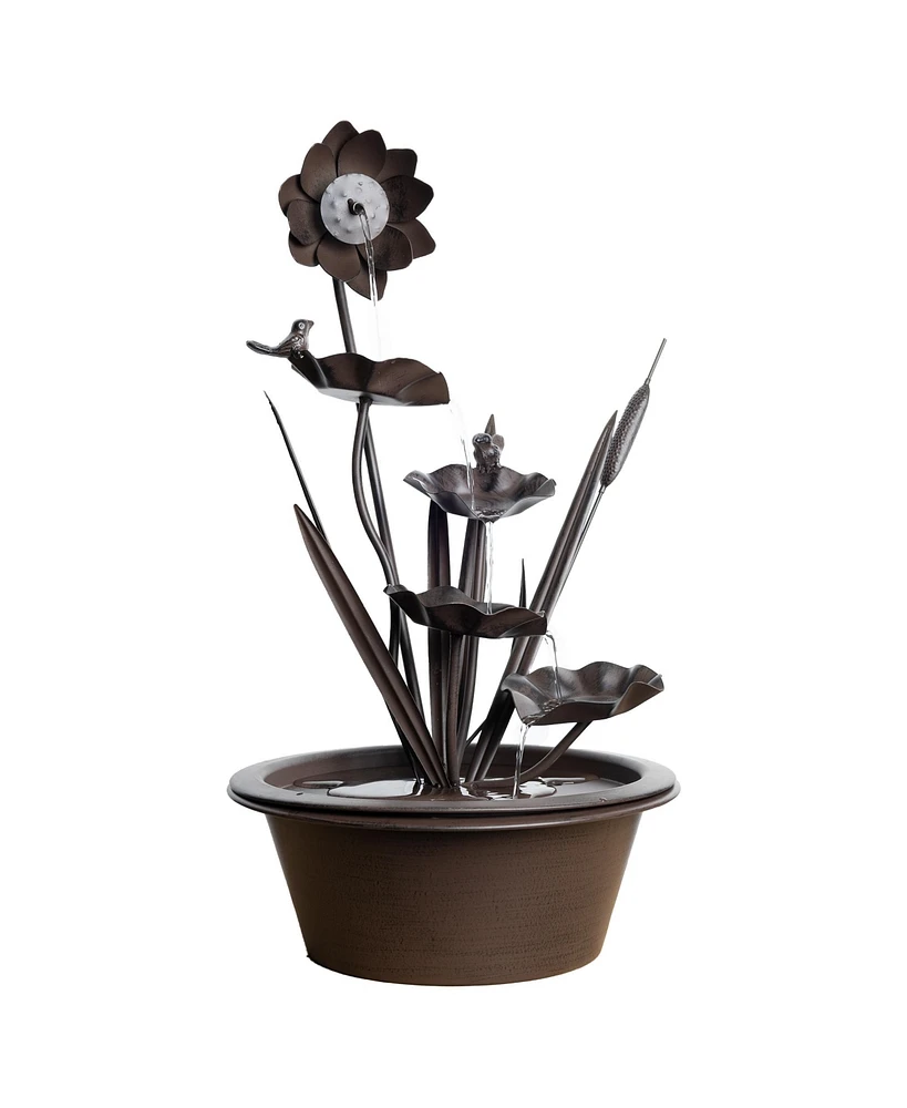 Slickblue Brushed Metal Floral Fountain With Bird Accents 24"h