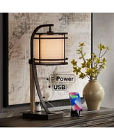 Franklin Iron Works Gentry Industrial Desk Table Lamp 22" High with Usb and Ac Power Outlet in Base Oil Rubbed Bronze Faux Wood Metal Cage Oatmeal Dru