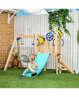 Outsunny 3 in 1 Wooden Outdoor Playset with Baby Swing Seat, Toddler Slide, Captain's Wheel, Telescope, Backyard Playground Set, Kids Playground Equip