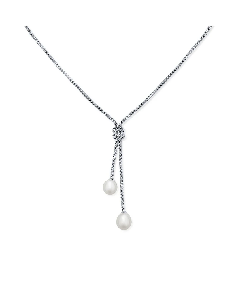 Bling Jewelry Nautical Bride Cz Beach Destination Wedding White Simulated Pearl Necklace Lariat Pendant For Women Bridesmaids .925 Sterling Silver