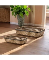 Slickblue Woven Wicker Basket Tray With Galvanized Metal Accent (Set of 2)