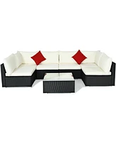 Sugift 7 Pieces Sectional Wicker Furniture Sofa Set with Tempered Glass Top-Beige