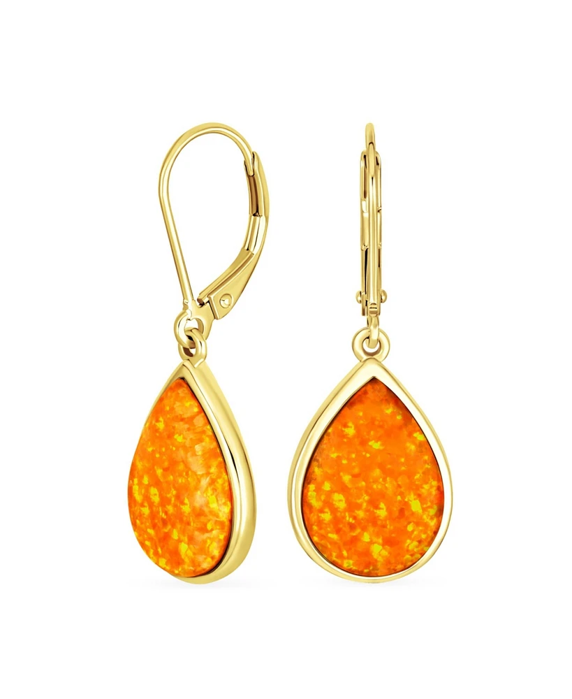 Bling Jewelry Orange Synthetic Opal Pear Shaped Simple Teardrop Dangle Earrings For Women Gold Plated Sterling Silver Lever back