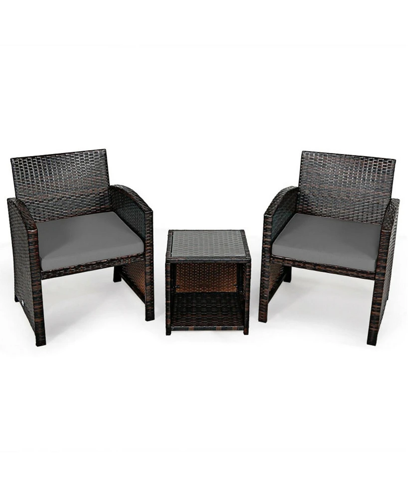 Sugift 3 Pieces Pe Rattan Wicker Furniture Set with Cushion Sofa Coffee Table for Garden