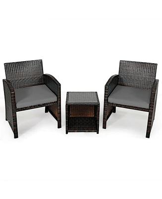 Sugift 3 Pieces Pe Rattan Wicker Furniture Set with Cushion Sofa Coffee Table for Garden