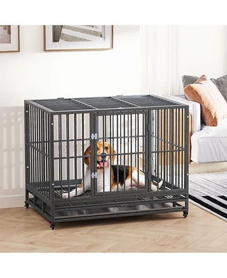 PawHut 42" Heavy Duty Portable Steel Dog Cage Kennel Crate Pet House Wheels